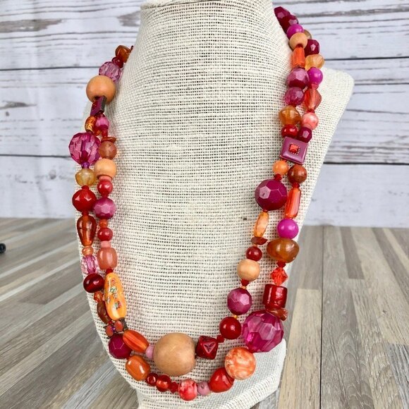 Multicolor Red Orange Beaded Necklace - Picture 3 of 6